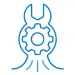 Minimalist blue line icon of a wrench and gear for HVAC maintenance service