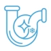 Minimalist light blue line icon of a plumbing P-trap pipe with a sparkle symbol for professional drain cleaning and clog removal services.